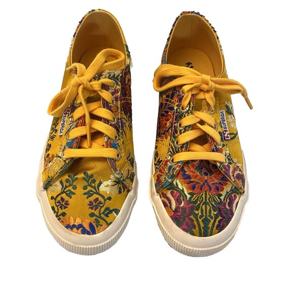 Superga W's 7.5 EU 38 Yellow Gold Satin Korelaw Floral Embroidered Sneakers EUC - Picture 2 of 7